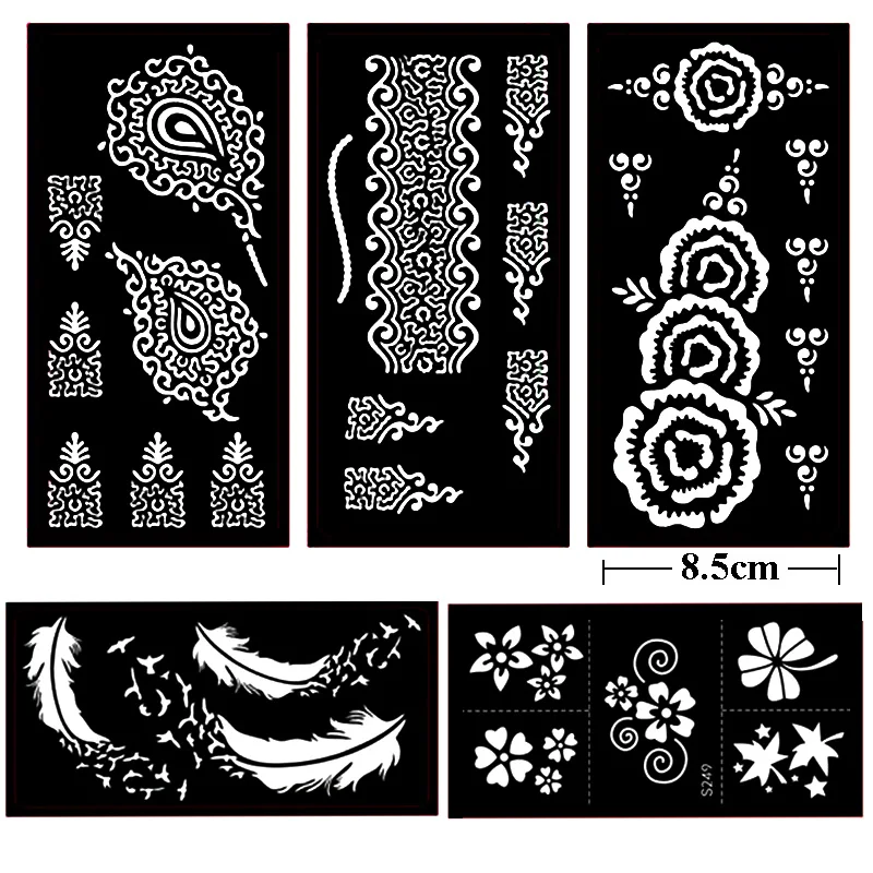 16 листов, хна, трафарет для татуировки с блеском, временные Черные, мехнди, индийские, арабские, самоклеющиеся шаблоны для рисования