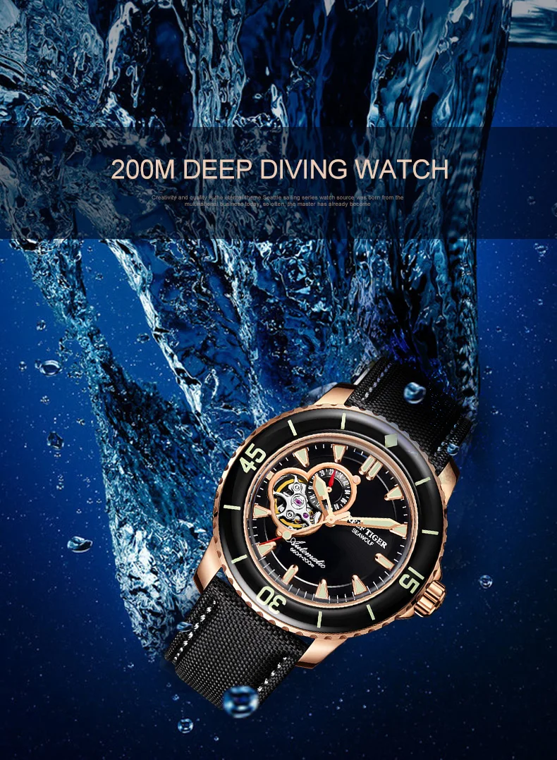 Reef Tiger/RT спортивные часы для дайвинга мужские 200 м водонепроницаемые часы с черным кожаным ремешком супер светящиеся часы RGA3039-PBBC