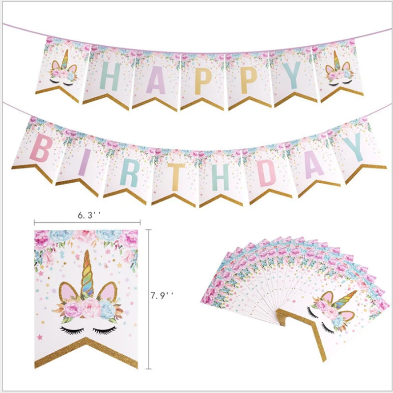 1 комплект Блестящий Единорог счастливый плакат "с днем рождения" детские бумажные флажки для дня рождения украшения Дети Единорог вечерние Suppilies - Цвет: Розовый