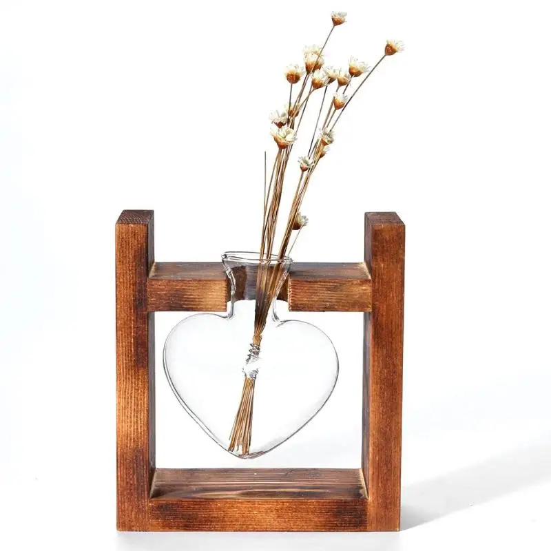 Деревянный Каркас Стеклянный гидропонный завод ваза цветочный горшок офис для дома садовые украшения Любовь Сердце хрустальная ваза