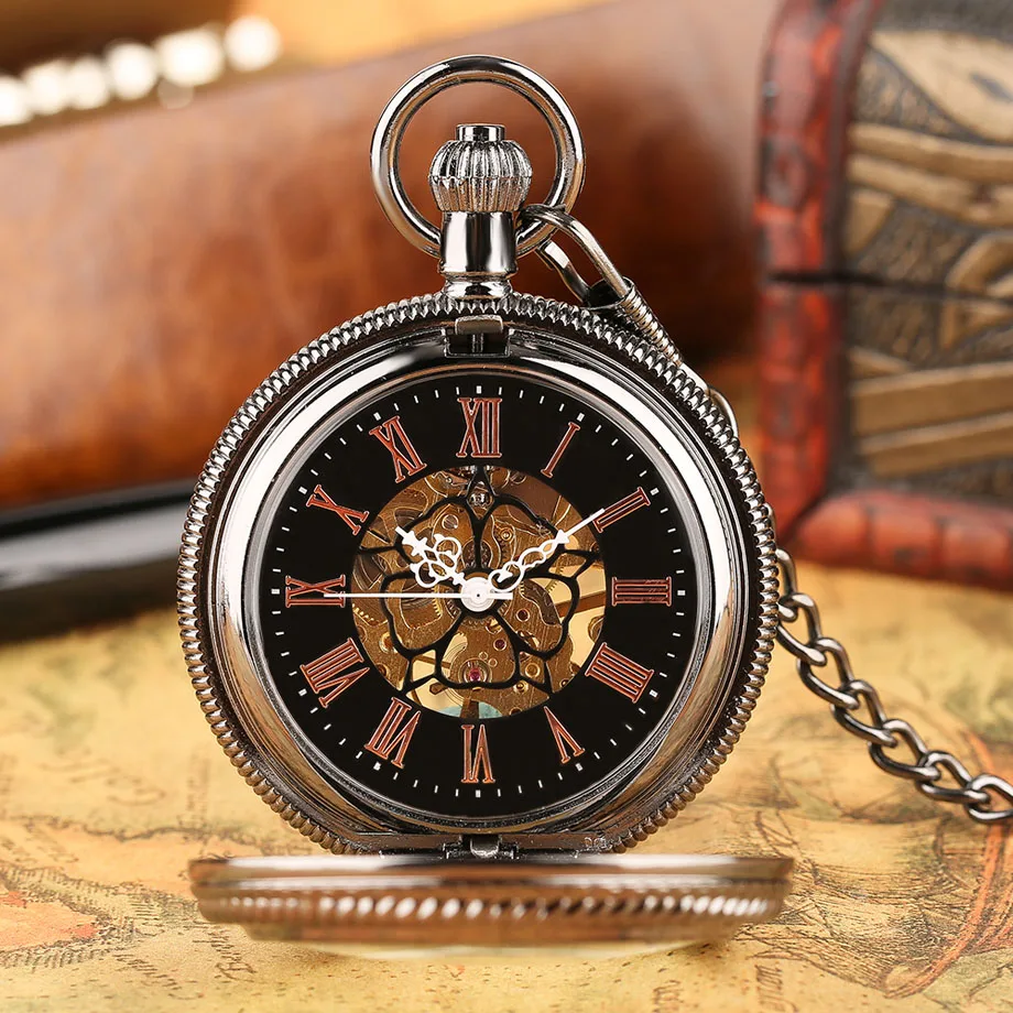 Vintage Sliver Case Hand Winding Mechanical Steampunk Gold Skeleton Rome Number Poket Watch Momen Crude Chain Clock Luxury Gift  (9)
