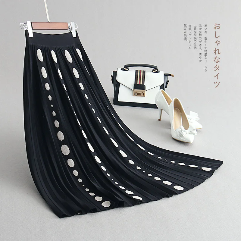 

INNASOFAN Women's Skirt Autumn-Winter Knitted Pleated High Waist Skirt Euro-American Fashionable Long Skirt with Jacquard Dots