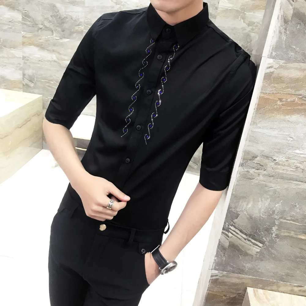 Высокое качество смокинг летняя футболка Slim Fit Повседневное однотонные мужская одежда Рубашки для мальчиков с рукавами 3/4 ночной клуб