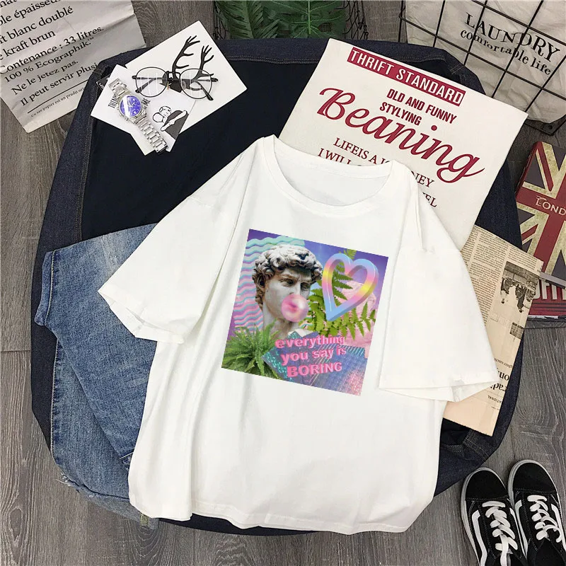 

Harajuku Vaporwave Michelangelo casual large size loose fashion tops ulzzang David Short Sleeve Female Summer Cartoon T-Shirt