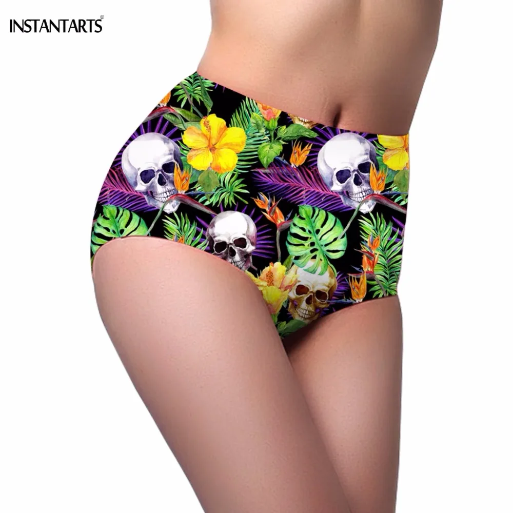 

INSTANTARTS High Waist Women Sexy Bikini Bottom Tropical Leaves Skull Pattern Female Summer Swimming Trunks Bathing Beach Suits