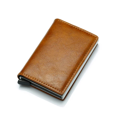 Cizicoco Противоугонный Мужской винтажный кредитный держатель для карт, блокирующий Rfid кошелек из искусственной кожи унисекс, металлический кошелек для информации о безопасности - Цвет: Brown