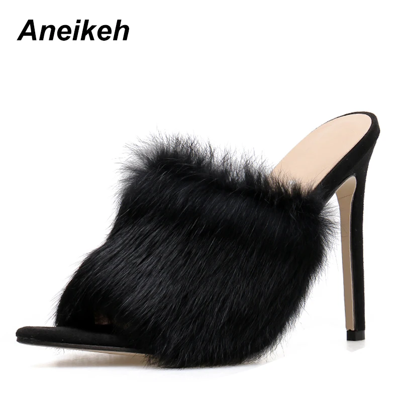 

Aneikeh 2019 New Slippers Spring Autumn Solid Color Plush Shallow Mouth Wear Fashion Pointed Toe Stiletto High Heel Slippers