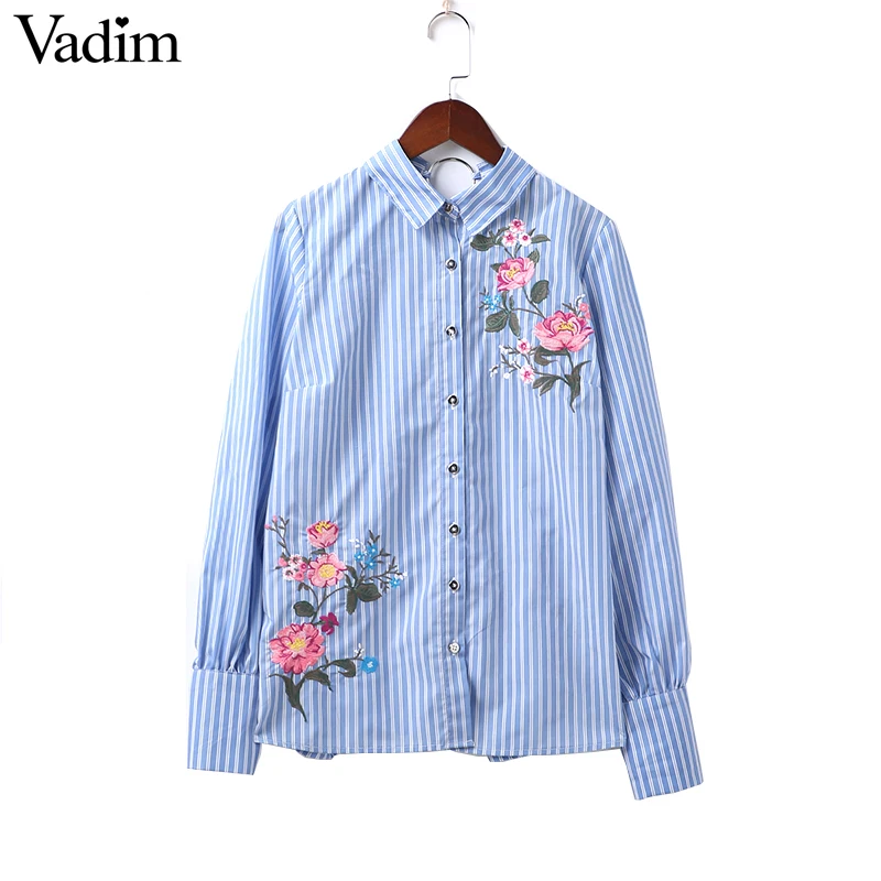 Women back Iron ring flower embroidery striped shirts