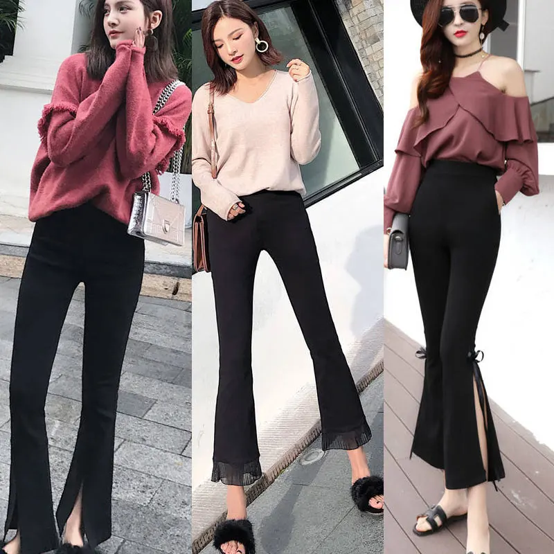 

New Spring Women Fashion Flared Pants Side Slit Split Calf Length Elastic Waist Fabric Pants Female Pants Size PP08