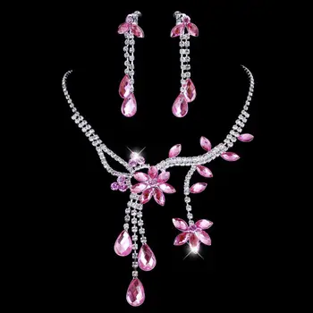 

Women Earrings Necklace Jewelry Set Wedding Party Bridal Floral Tassel Drop Rhinestone Gift