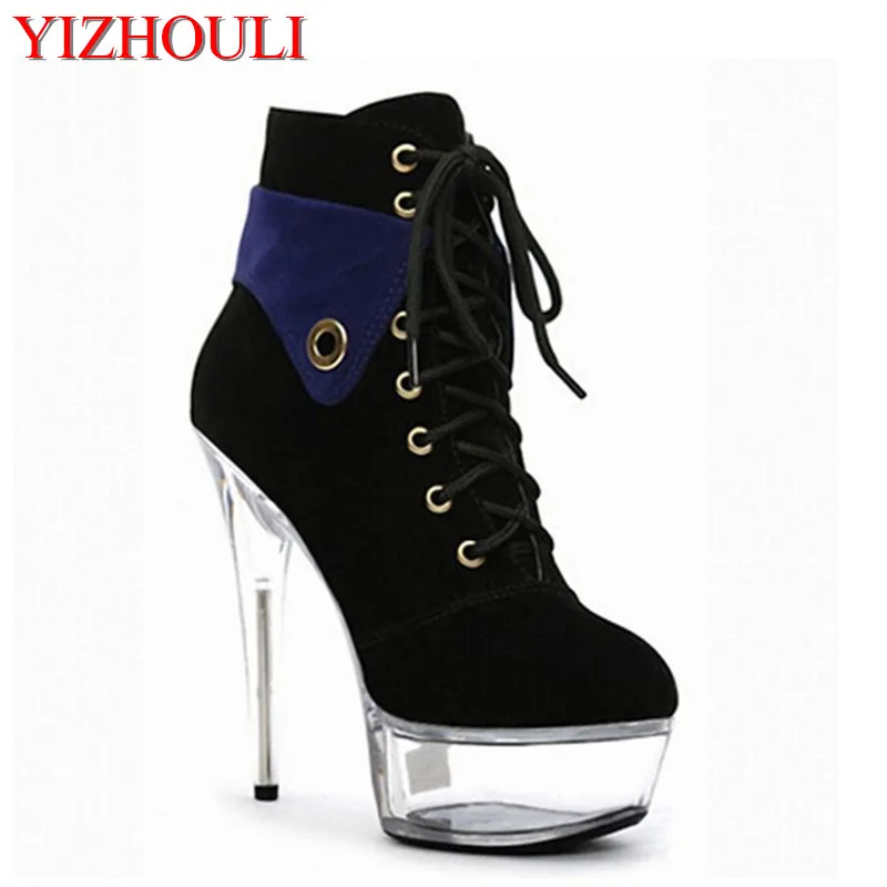 

Women's ankle boots are worn with autumn motorcycle boots, with a 15-centimeter-high pair of high-heeled blue shoes