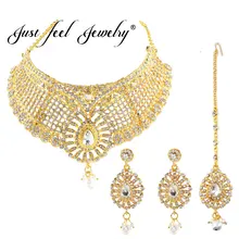 Просто FEEL Золотой Цвет Свадебный комплект ювелирных изделий для Для женщин капли воды Кристалл Искусственный жемчуг Цепочки и ожерелья серьги головной убор наборы свадебные