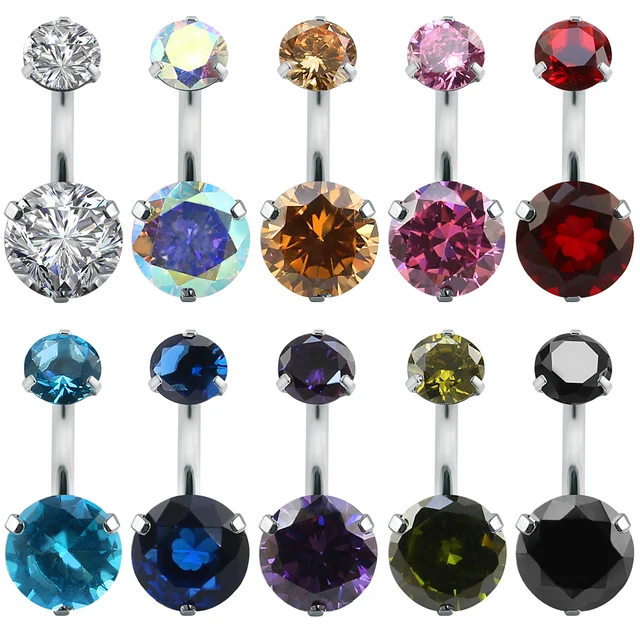 Fashion 10 Different Zircon Color Belly Button Rings 316l Stainless