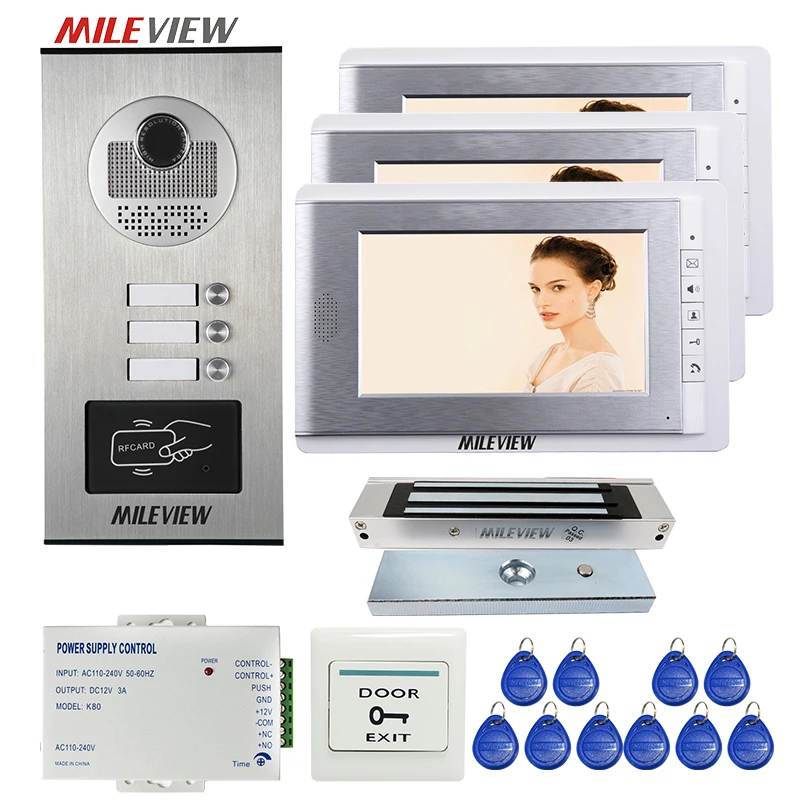 

FREE SHIPPING Apartment 7" Monitor Video Door Phone Intercom System + RFID Access Door Camera 3 Buttons + Electric Magnetic Lock