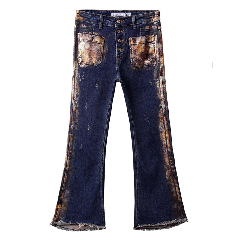 Pantalones De En Oro Volar Para Rayado Mujer Arrancado Estampado Botón Borla Caliente Mujeres Jeans Flare Primavera Otoño Denim qXz0ZZ