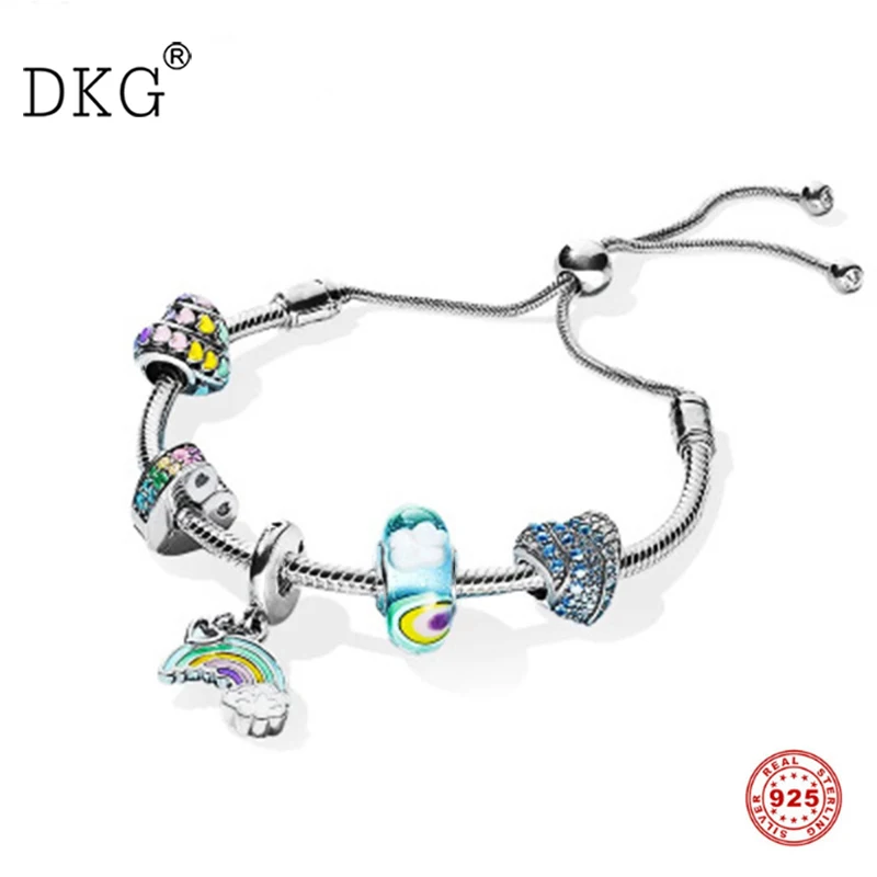 

New Genuine 100% 925 Sterling Silver Rainbow Retractable Bracelet Fit Women Fashion Charm DIY Jewelry Production