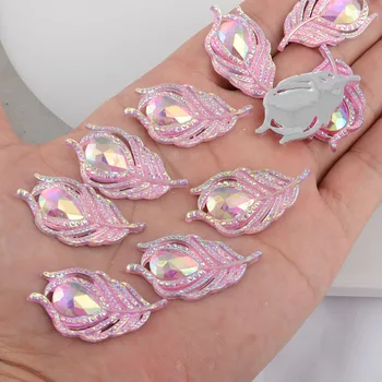 

BOLIAO 10Pcs 20*38mm( 0.79in*1.5in ) Peacock Leaf Resin Shining Pink Crystal Flatback No Hole Glue Home Holiday Decoration