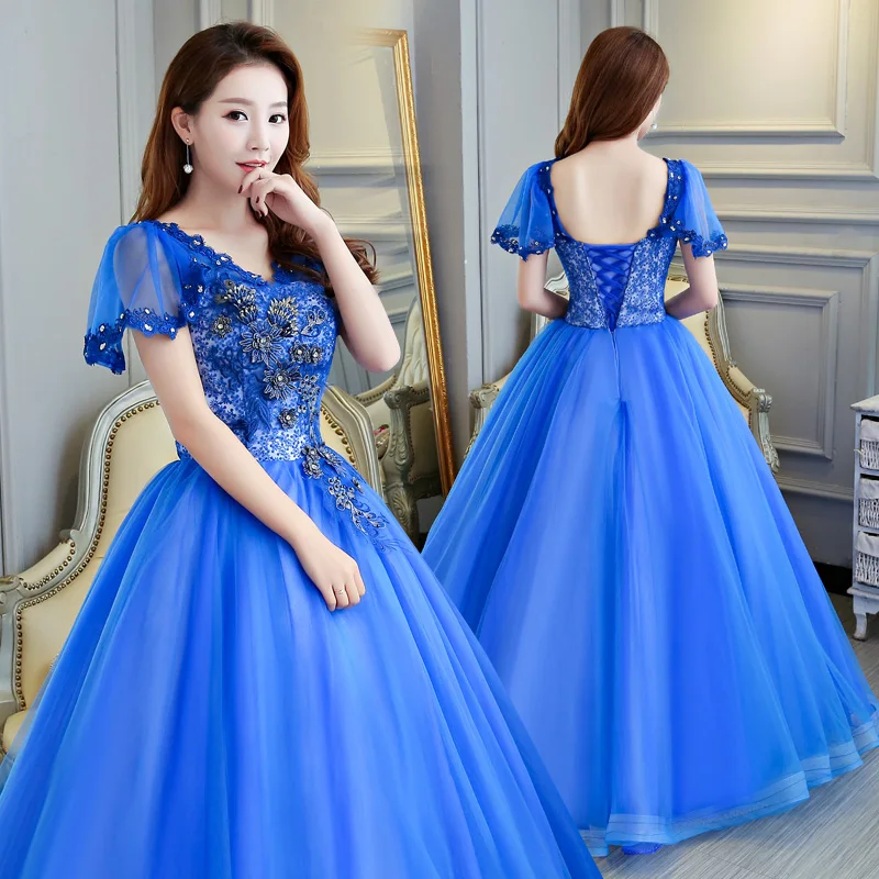 Vestidos De Quinceaneras синие платья с v-образным вырезом для пышных принцесс милое 16 бальное платье с открытой спиной, Тюлевое платье с рукавом-крылышком, большие размеры