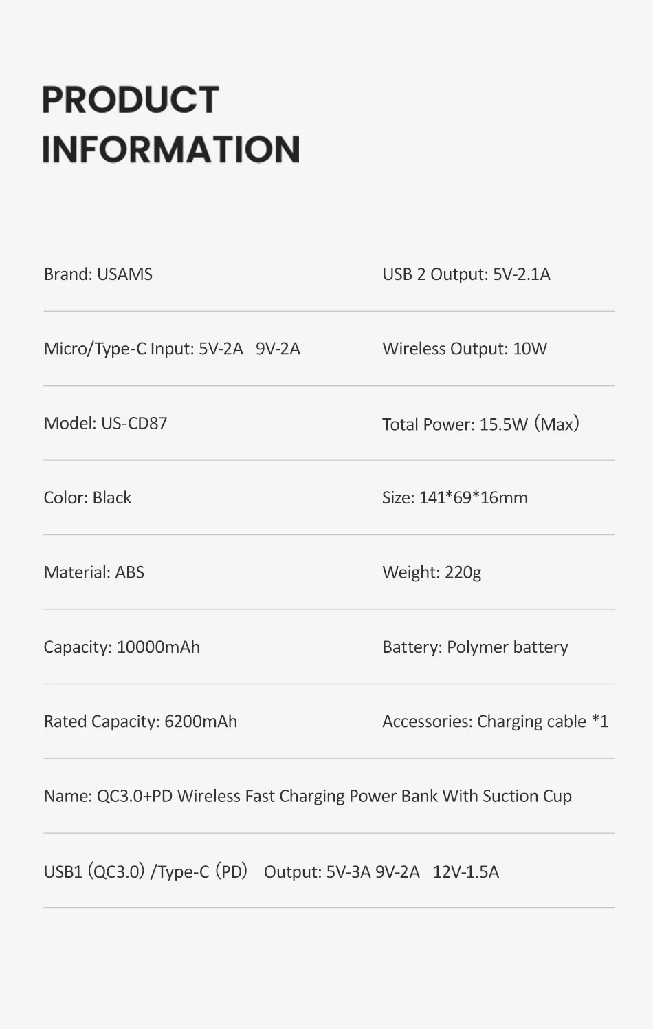 USAMS 5V 2A Qi Беспроводное зарядное устройство 10000mAh power Bank 18W QC 3,0 PD Быстрая Зарядка power bank с присоской для iPhone samsung