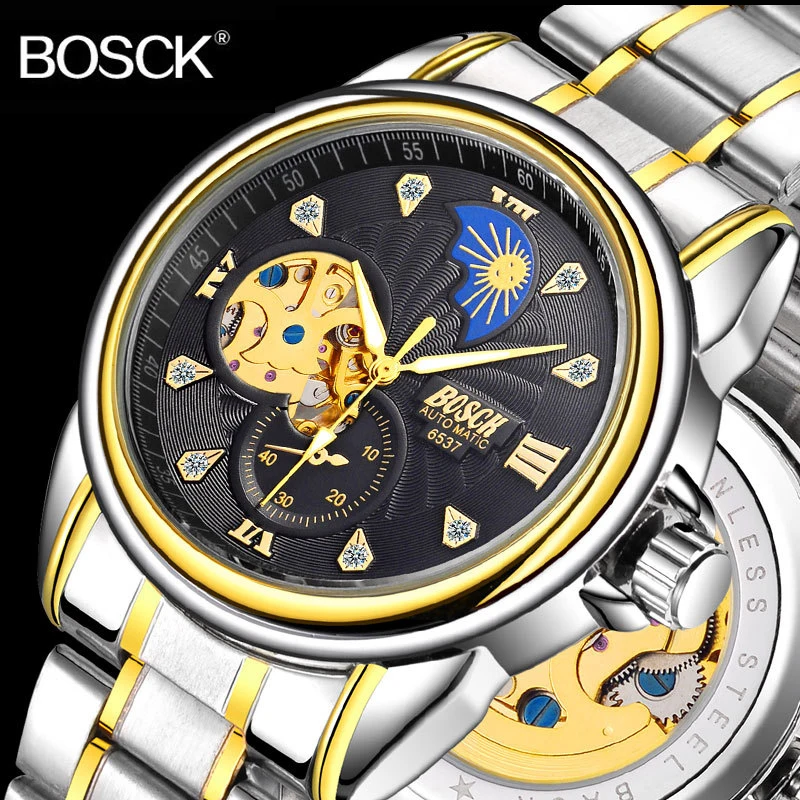 

BOSCK Top Luxury Automatic Watch Men Skeleton Mechanical Watches Self Wind Hollow Wristwatch Business Male Clock Stainless Steel