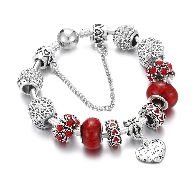 

Fashion Sliver Crystal Beads Bracelets Bangles Women Charm Heart Flower Pendant DIY Bracelet Snake Chain Female Jewelry Pulseira
