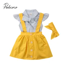 Коллекция года, новые брендовые летние модные красивые комплекты одежды для маленьких девочек 3 предмета, рубашка в горошек с бантом, комбинезон, юбка+ повязка на голову