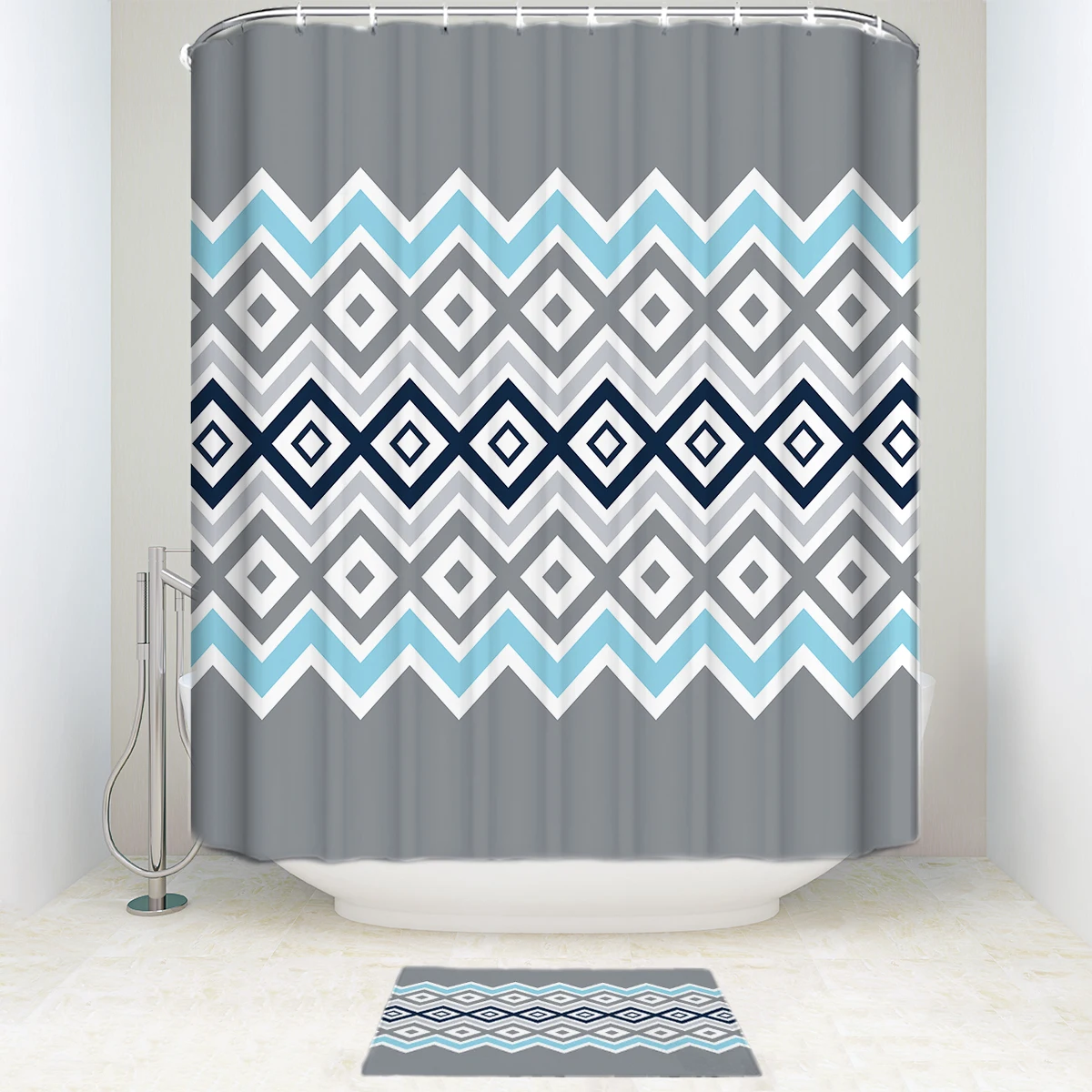 Home Carpet Toilet Doormat Geometric Patchwork Print Waterproof Fabric Bathroom Shower Curtains Set Shower Curtain Bath