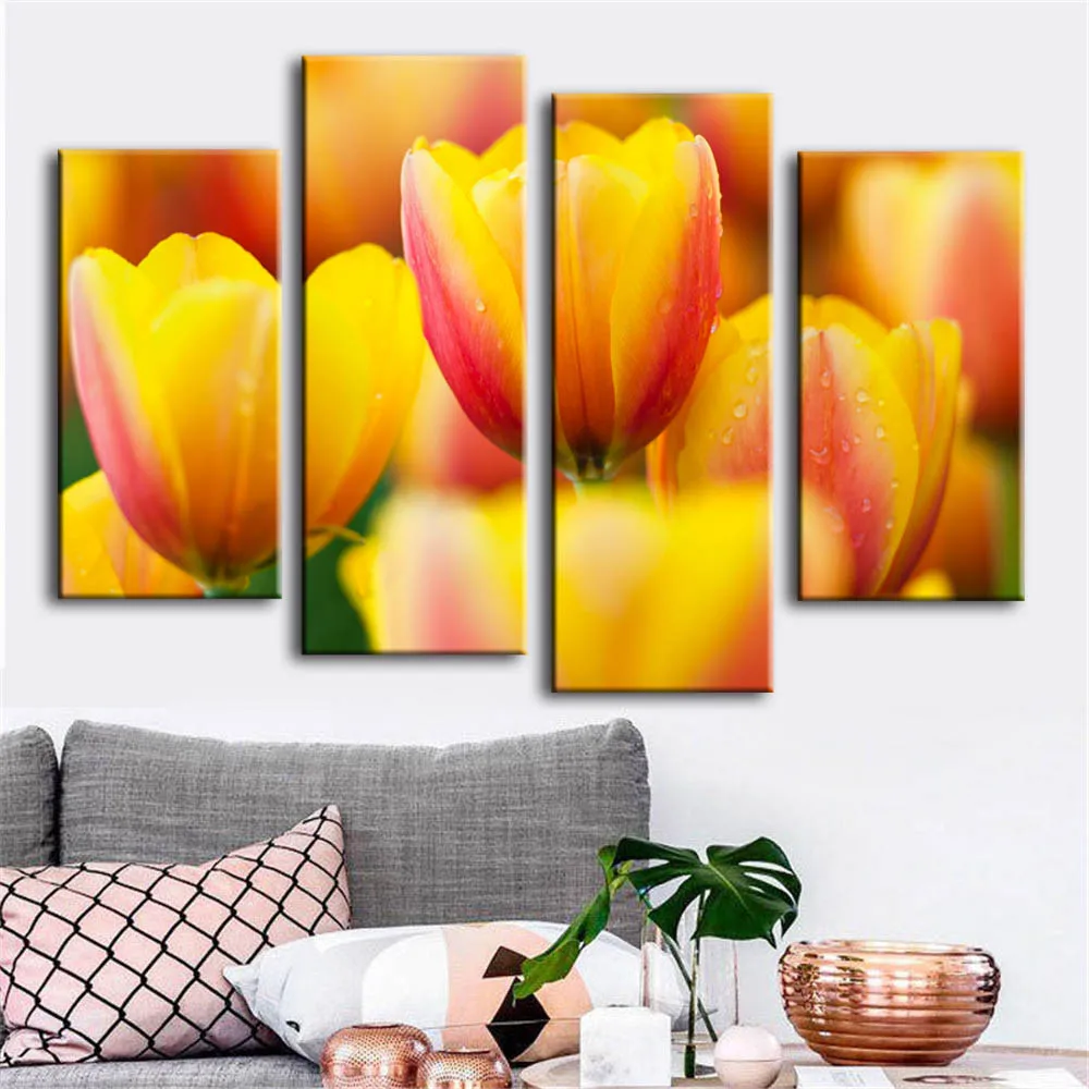 Decorative Paintings Flower Posters and Prints Yellow Tulips Canvas Wall Art Home Decor Picture for Bedroom Decoration 4pcs/set