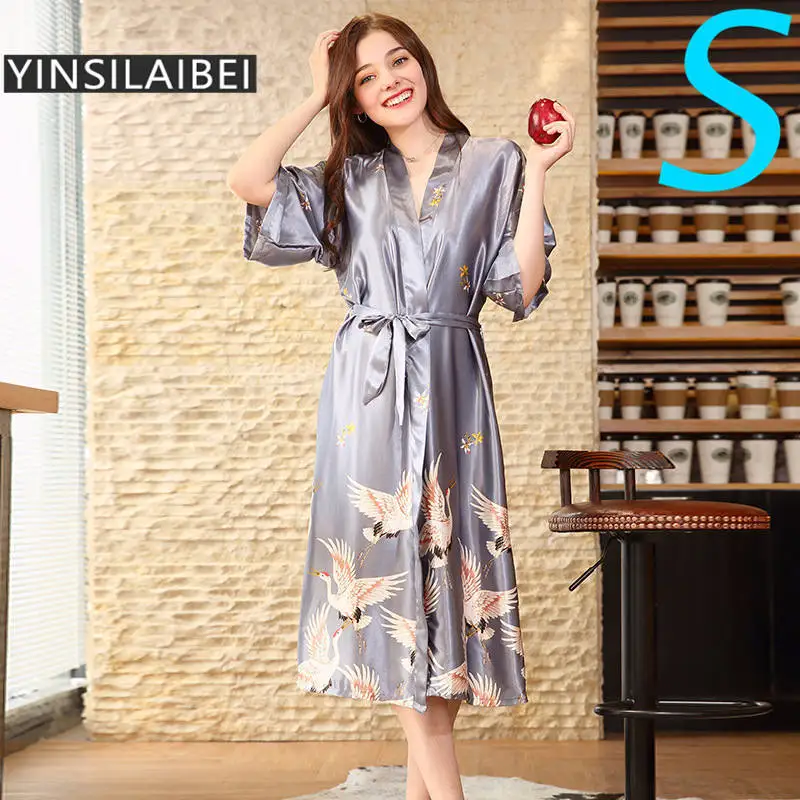 

Japan Style Sexy Satin Bridesmaid Robes Female Bridal Floral Silk Bathrobe Crane Print Long Plus Size Women Dressing Gown #21