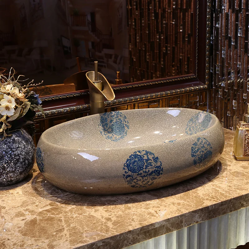 Oval Handmade China Artistic Art wash basin Ceramic Counter Top Wash Basin Bathroom Sinks blue and white handmade bathroom sinks (11)