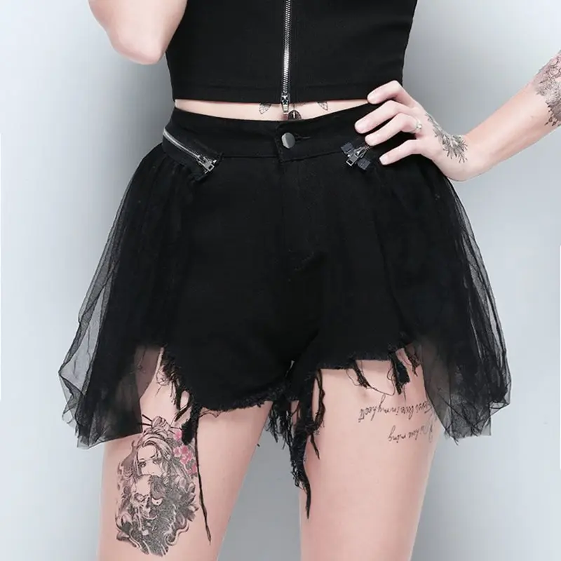 

Summer Sexy Club Chic Black Gothic Casual Denim Shorts Women Harajuku 2019 Loose Thin Culottes Mesh Plain Female Punk Shorts
