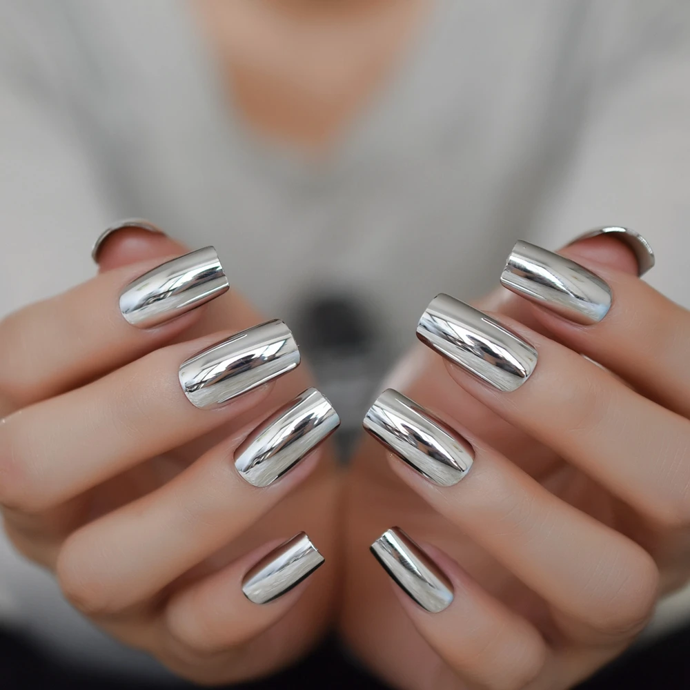 Блестящие Серебристые Металлические Длинные Накладные накладные ногти в стиле панк с металлическим покрытием, зеркальные накладные ногти, искусственный маникюр, украшение для пальцев