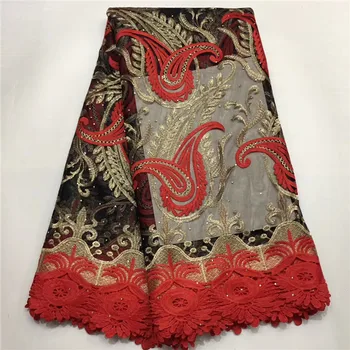 

Red+Gold Newest African Tulle Lace Fabrics With Stones Embroidery Net Lace African French Lace High Quality Gold Line Wedding