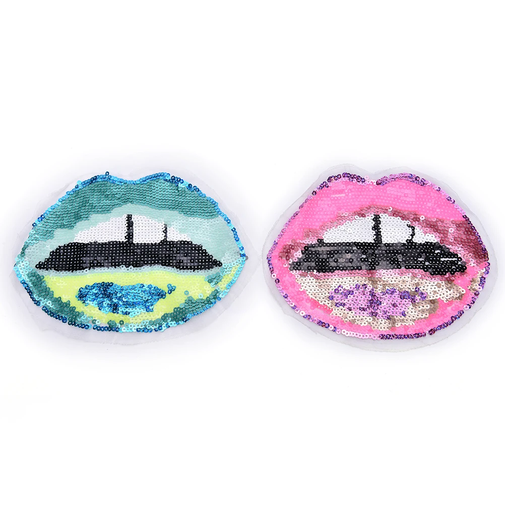 Sexy Lips Embroidered Sequined Patches for Clothing Tops Jeans Jackets Vest Patch Biker Motorcycle Pink Green Color 1Pcs