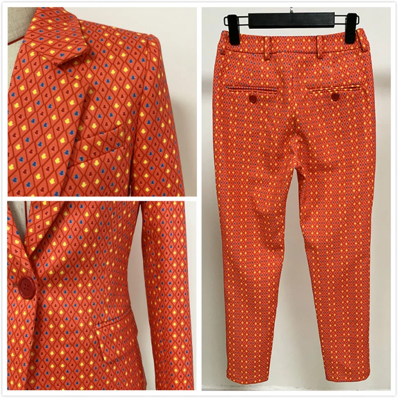 High Quality Runway Designer Pants Suit Women's Vintage Plaid Floral Print Office Lady Blazer Coat Female Trouser Two Piece Set