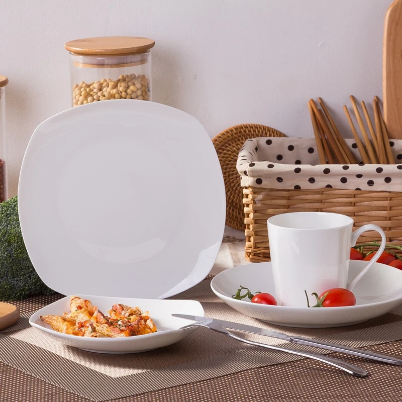 Модная семейная японская плоская тарелка для стейка из белого костяного фарфора, обеденная тарелка керамическая тарелка 10 дюймов, Квадратная тарелка, посуда