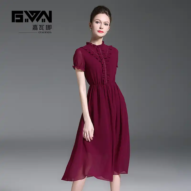 maroon long sleeve dress with a turtleneck ribboned collar