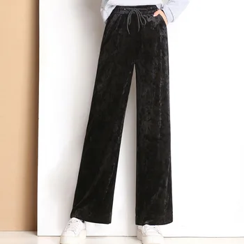 

Black Velvet Wide Leg Pants Female High Waist Stretch Loose Girls Gold Velour Fluffy Warm Pants Large Size Women Casual Trousers