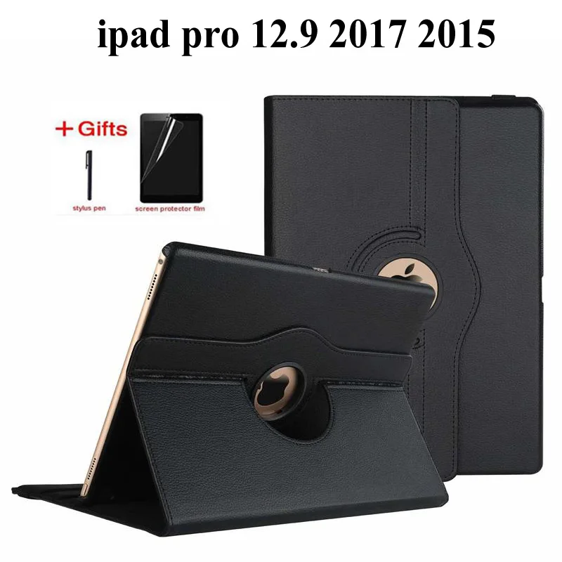 

New 360 Rotating PU Leather Litchi Case For Apple iPad Pro 12.9 inch 2015/2017 A1584 Smart Auto Sleep Wake Stand Holder+Film+Pen