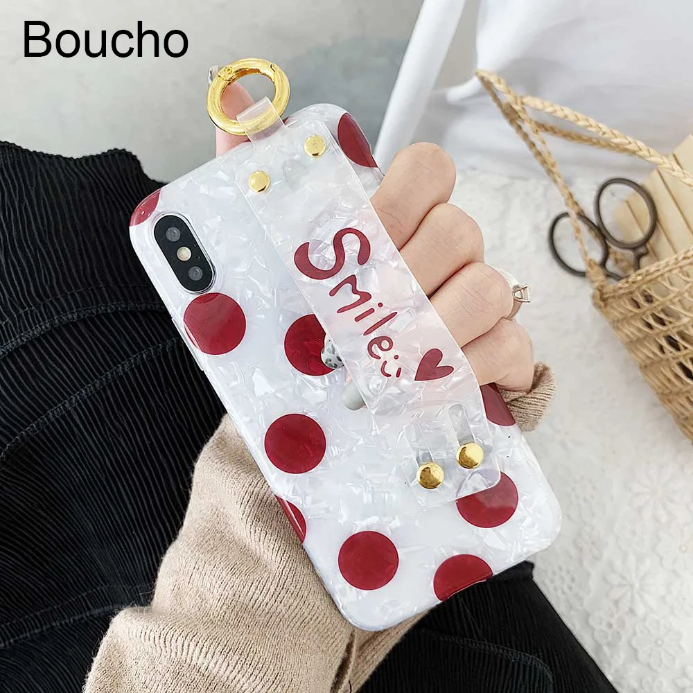 

Boucho Wrist Strap Soft TPU Phone Case For iphone X Xs max XR 6 6s 7 8 plus Case Funny Conch Shell Wave Point Love Pattern Cover
