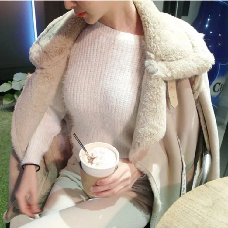 New Arrival Female Turn-Down Collar Suede Outerwear Women Faux Fur Thicken Jacket Winter Pockets Warm Sheepskin Coats