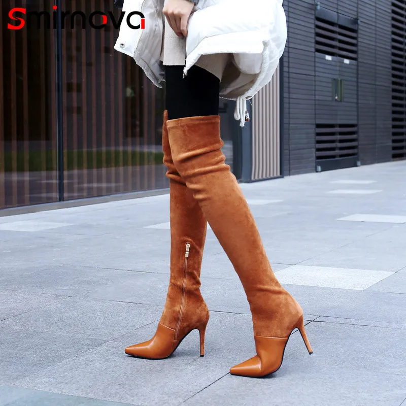 

Smirnova fashion shoes woman pointed toe zip over the knee boots thin high heels genuine leather boots elegant thigh high boots