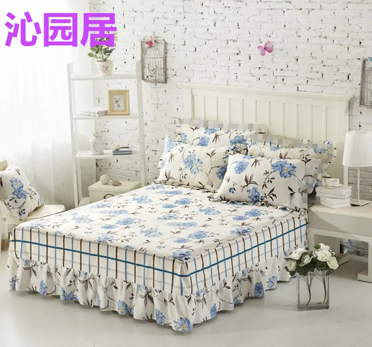 1 piece 100% cotton flowers bed skirt, striped plaid bed spread, simple style mattress cover twin full queen king size