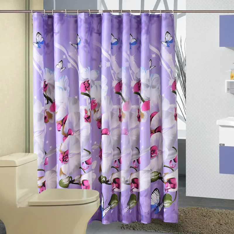 

Polyester Flowers Butterfly Shower Curtain Thickened Waterproof Mildewproof Home Decorating Natural For Bathroom Purple