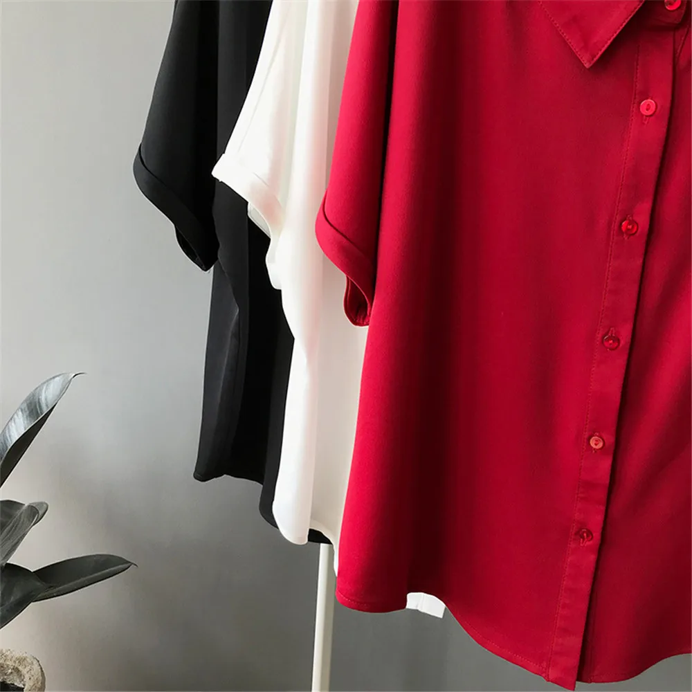 High quality Red Chiffon Wide neck Loose Shirt Office Top 2018 Working Women Blouse Shirt Half Loose Sleeve Summer Elegant top (21)