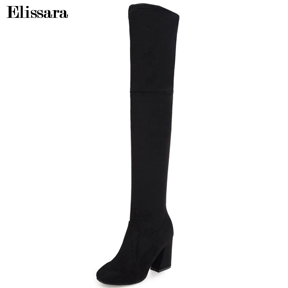 

Elissara Women Boots Hand-made Faux Suede Over The Knee Boots Women High Heel Black Gray Up Long Boots Round Toe Heels