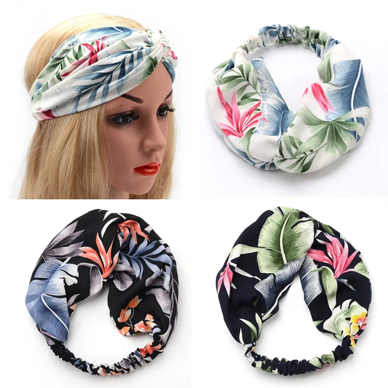 

Bohemian Cross Headband Banana Leaf Elastic Head Bands For Women Girls Retro Floral Turban Sea Beach Holiday Style Hairband New