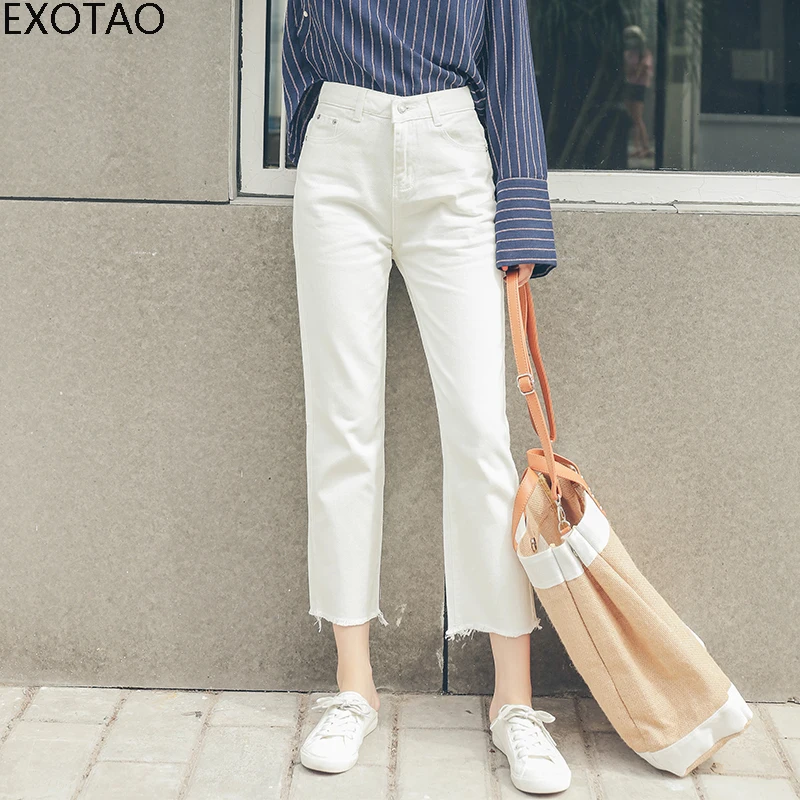 EXOTAO Casual White Jeans Woman Ankle Length High Waist