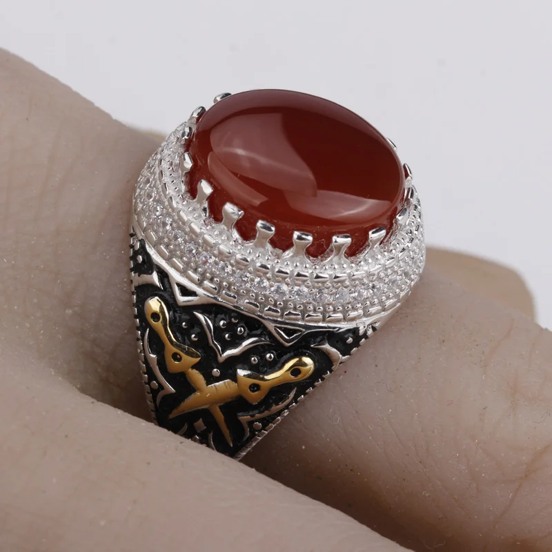 Женское кольцо с крупным красным агатом и двойным мечом|stone silver rings|stone men ringsstone ring |
