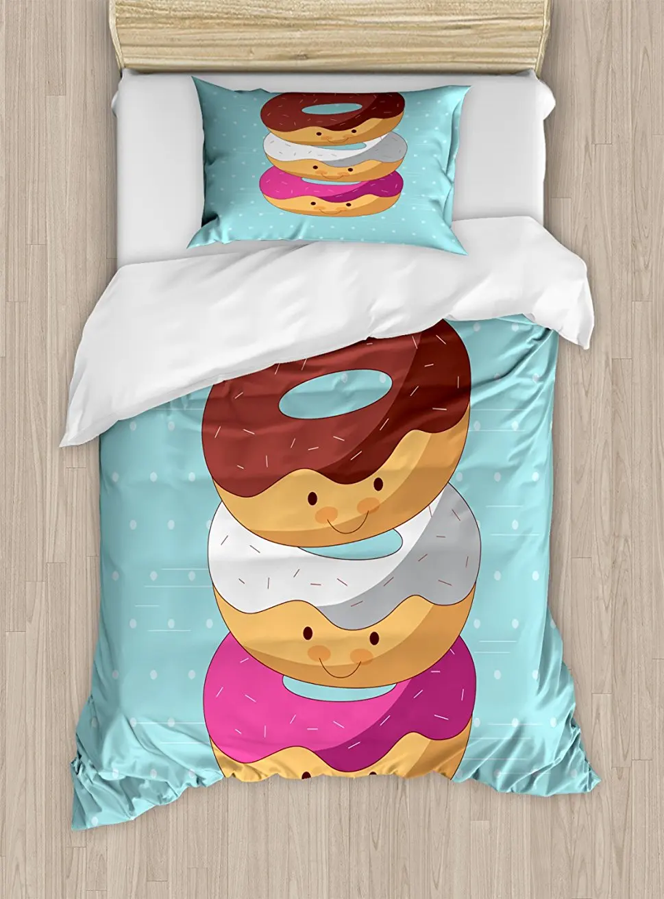 Duvet Cover Set, Kawaii Cartoon Style Colorful Donuts with Funny and
